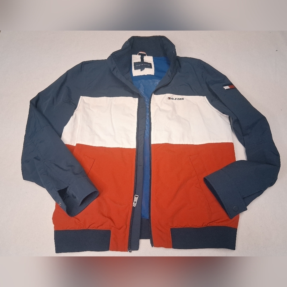 Tommy Hilfiger Y2K Men's Blue, White, and Red Jacket